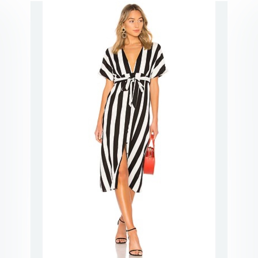 BARDOT Adley Buttoned vertical stripe deep vneck Dress in Black & White
